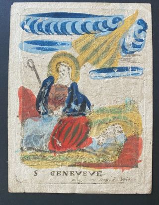 Engraving Antique 18th? Cent Holy Card Hand Paint On Paper St Geneveve Art Sign