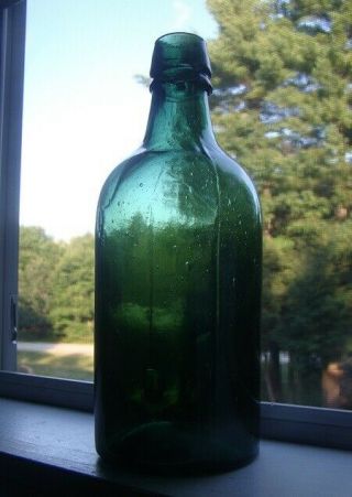 Antique Emerald Green Early Mineral Water Bottle With Applied Finish