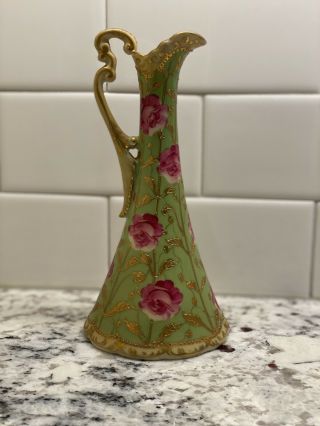 Nippon Floral Pitcher With Gold Beading - Antique - Vibrant Green,  Pink Flowers