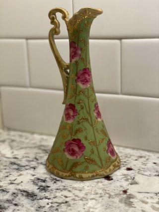 Nippon Floral Pitcher with Gold Beading - Antique - Vibrant Green,  Pink Flowers 3