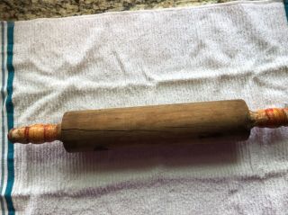 Vintage Antique Distressed Wood Rolling Pin With Ribbed Painted Handles