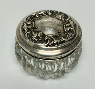 Antique Rw & S Wallace Sterling Silver Cut Glass Trinket Dresser Box Mono