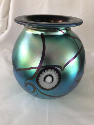 Signed Eickholt Art Glass Vase Iridescent Blue Purple Rare 7” Size