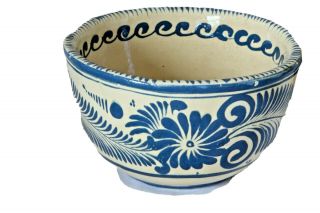 Vtg Small Mixing Bowl W Raised Painted Blue Designs On Cream Background
