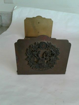 Antique cast iron art nouveau bpoe brass bookends book rack elk,  clock 2