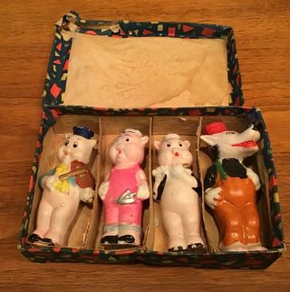Rare Find 1930 Three Little Pigs Big Bad Wolf Bisque Figurines Made In Japan W/b