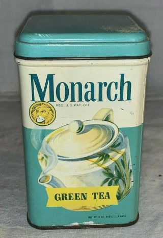 ANTIQUE MONARCH GREEN TEA TIN LITHO 4OZ CAN REID MURDOCH LION GROCERY STORE OLD 3