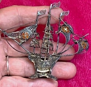 Antique Miniature Sterling Silver Enamel Filigree Clipper Schooner Sail Ship 19g