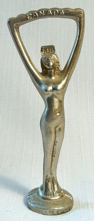 Rare Vtg Art Deco Risque Pin - Up Nude Lady Silver Tone Bottle Opener Canada 1930s