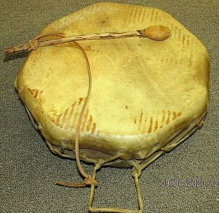 Rare Native American Antique Deer Skin Drum With Striker