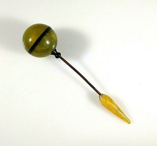 Rare Vintage Estate Art Deco Marbled Green & Yellow Lucite Dress Pin / Hat Pin
