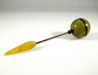 Rare Vintage Estate Art Deco Marbled Green & Yellow Lucite Dress Pin / Hat Pin 2