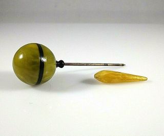Rare Vintage Estate Art Deco Marbled Green & Yellow Lucite Dress Pin / Hat Pin 3