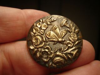Antique Brass Chased Butterfly And Flower Design Button