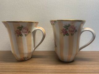 Set Of 2 Mackenzie Childs Rare Honeymoon Cups Roses Peach Stripes Retired
