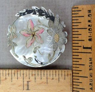 Pearl / Mop Button,  1800s Etched / Painted / Carved Floral Design,  1 3/16 "