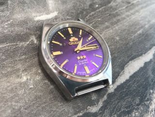 Vintage 1970s Wrist Watch Orient 3 Star Crystal Auto - Winding Rare Purple Dial 2