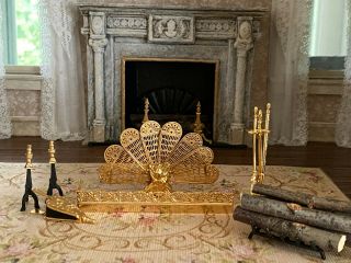 Vintage Miniature Dollhouse Elegant Set Brass Fireplace Accessories & Firewood