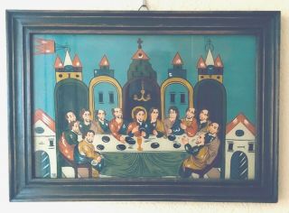Rare Antique Eglomise Reverse Painting On Glass The Last Supper Icon