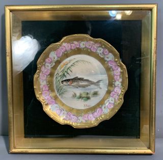 Ca.  1910 Antique Fish Plate Old Painting On Porcelain Gold Gilt Nautical Decor