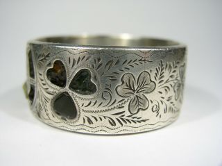 ANTIQUE STERLING SILVER ENGRAVED NAPKIN RING W/ CLOVER/HORSESHOE,  JC&S 1903 3
