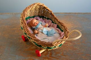 Antique German Bisque Jointed Open Mouth Dollhouse Doll In A Wicker Stroller