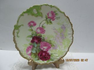 Antique Limoges France Hand Painted Plate Signed Pink Roses Gold Trim