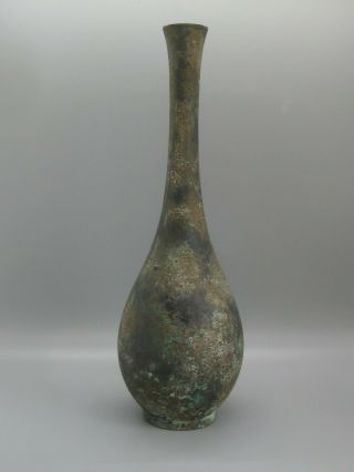 Fine Old Antique Japanese Bronze Patina Verdigris Long Neck Vase Meiji Era 10.  75