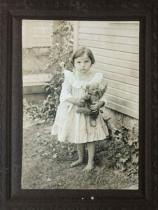 Barefoot Girl Child Holding Teddy Bear Antique Cabinet Photo
