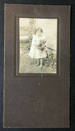 Barefoot Girl Child Holding Teddy Bear Antique Cabinet Photo 2