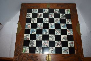 Rare Chinese Figure Chess Board Game Set Carved Dragon Wood Case Inlaid Tile