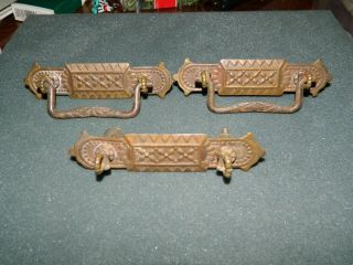 Set Of Three Antique Brass Drawer Pulls With Iron Bail Handle Victorian C 1900