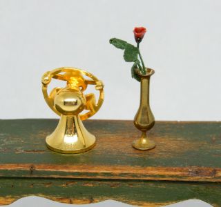 Vintage Fan & Brass Bud Vase Dollhouse Miniature 1/2 Scale 1:24 3