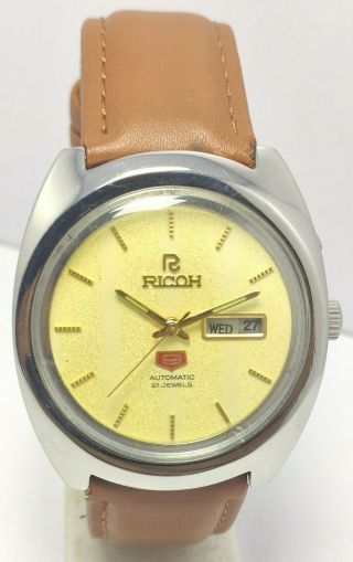 Rare Vintage Japan Made Ricoh Day&date Golden Automatic 21j Wrist Watch Men 