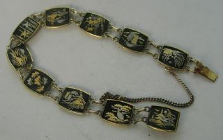 Vintage Japanese Signed Damascene Silver & 24k Gold Inlay 10 Panel Link Bracelet