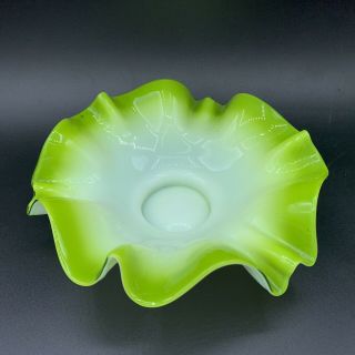 Antique Victorian Hand Blown Ruffled Green Glass Bowl Dish Bowl Pontil 6”
