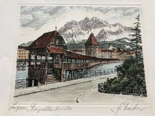 Antique Signed Color Etching By Paul Geissler Of Luzerne Switzerland