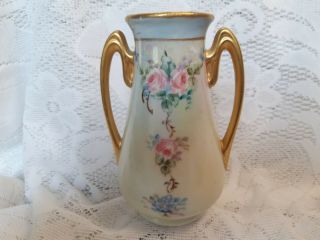 Antique German Porcelain Double Handled 5 " Vase Gold Trim & Roses Hand Painted