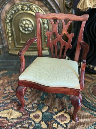 Vintage Miniature Dollhouse Artisan Signed Ivory Silk Carved Wood Accent Chair