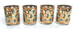 Rare Set Of 4 Vintage Culver Glasses Gold With Green Ovals Mid Century Modern