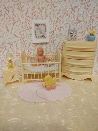 Rare Vintage Nursery Highboy/ Crib By Plasco Miniature Dollhouse Furniture 1:16