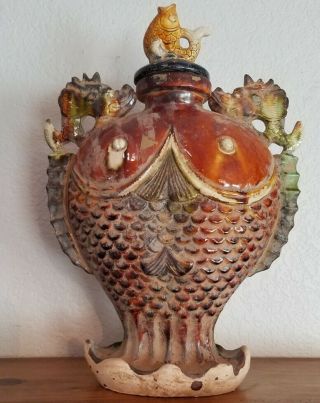 Rare Chinese Tri - Color Sancai Glazed Ceramic Fish Wine Vessel,  Tang Dynasty