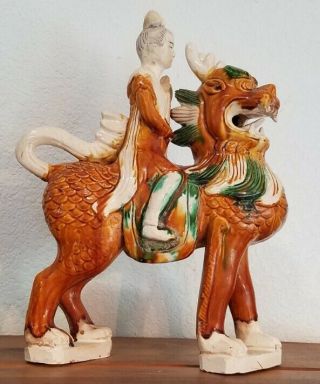 Rare Chinese Tri - Color Sancai Glazed Ceramic Man Riding Foo Dog,  Tang Dynasty