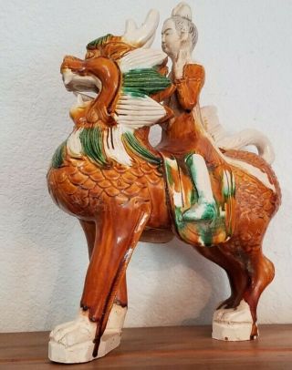 Rare Chinese Tri - Color Sancai Glazed Ceramic Man Riding Foo Dog,  Tang Dynasty 3