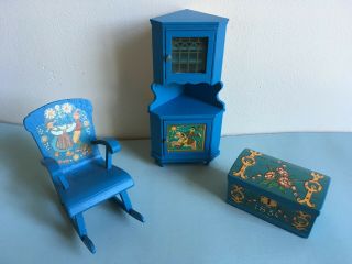 Vintage Lundby Doll House Leksand Blue Corner Cupboard,  Trunk & Rocking Chair