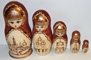 Large Antique/vintage 6 - 3/4 " Signed Five Piece Russian Nesting Doll Nr