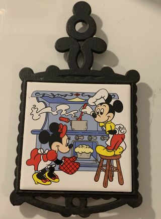 Mickey And Minnie Rare Blue Kitchen Trivet Ceramic Tile Cast Iron Vintage