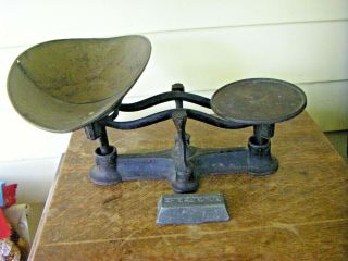 Antique Cast Iron Balance Scale With Brass Tray And One Weight