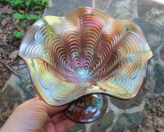 Fenton Peacock Tail Antique Carnival Glass Iridescent Compote Amethyst Purple