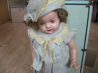 Antique 21 Inch Baby Doll,  G Ol Tity Vtg 1920s Composition Real Eyes Open Mouth